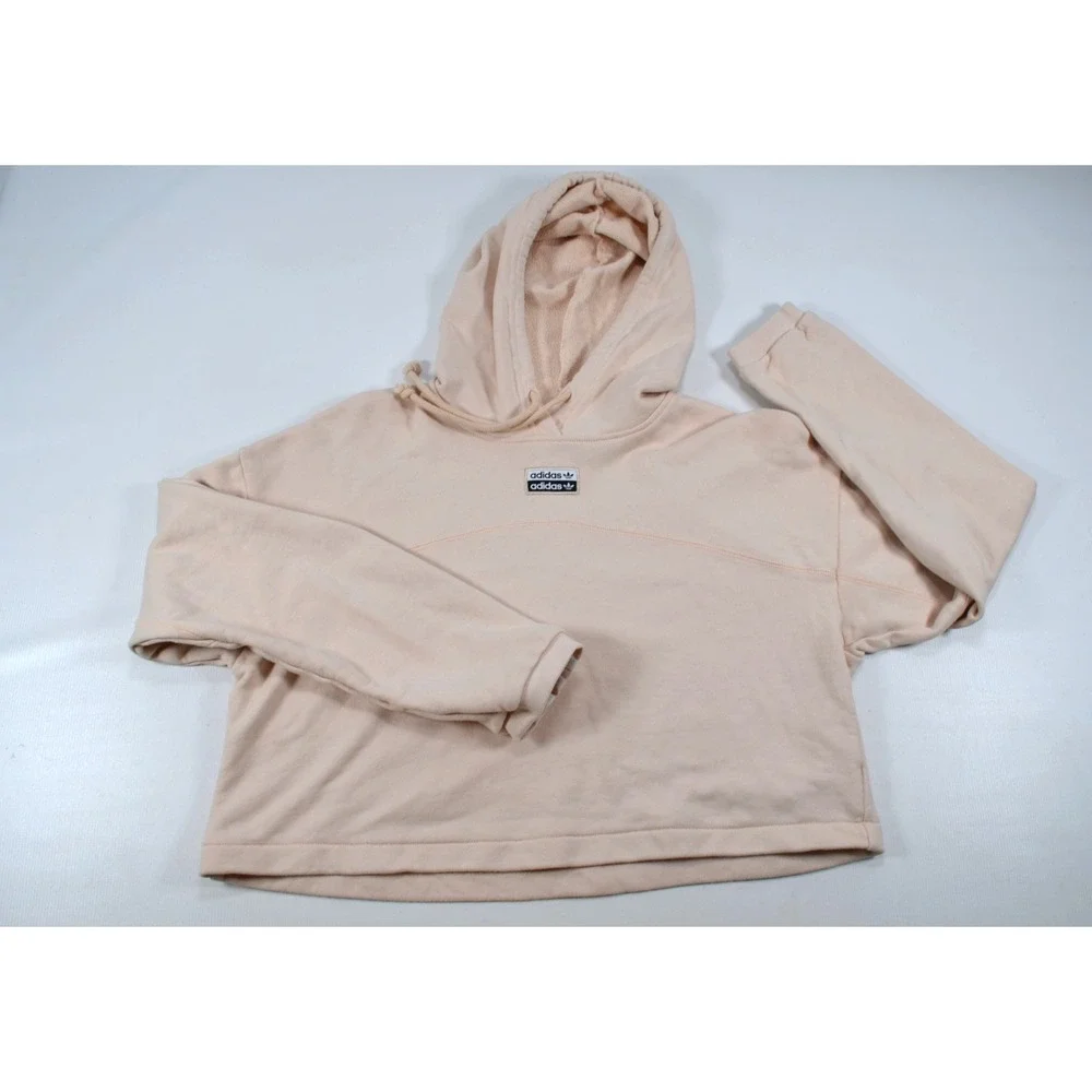 Adidas‎ Women's L Oversized Beige Cropped Hoodie Pullover Sweatshirt Logo